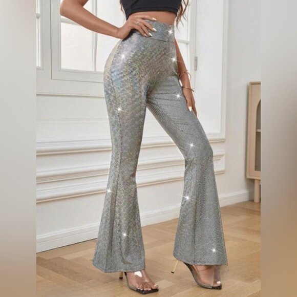 None Pants - Silver High Waist Flare Leg Metallic Pants